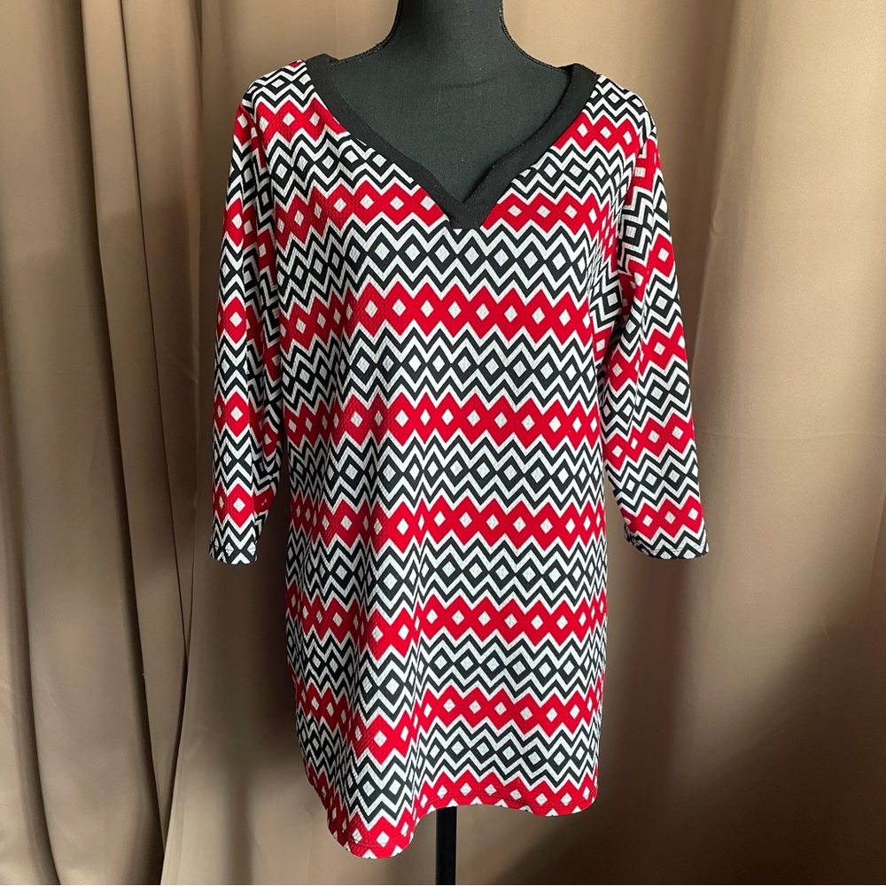 Kim Rogers Tunic Blouse Womens Red/Black/White Geometric Pattern XL